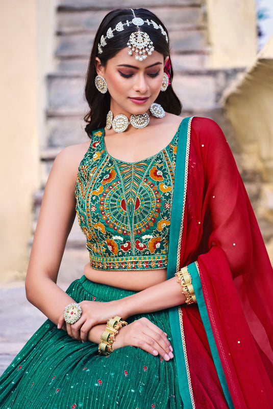 Chinon Embroidery Work Teal lehenga Choli