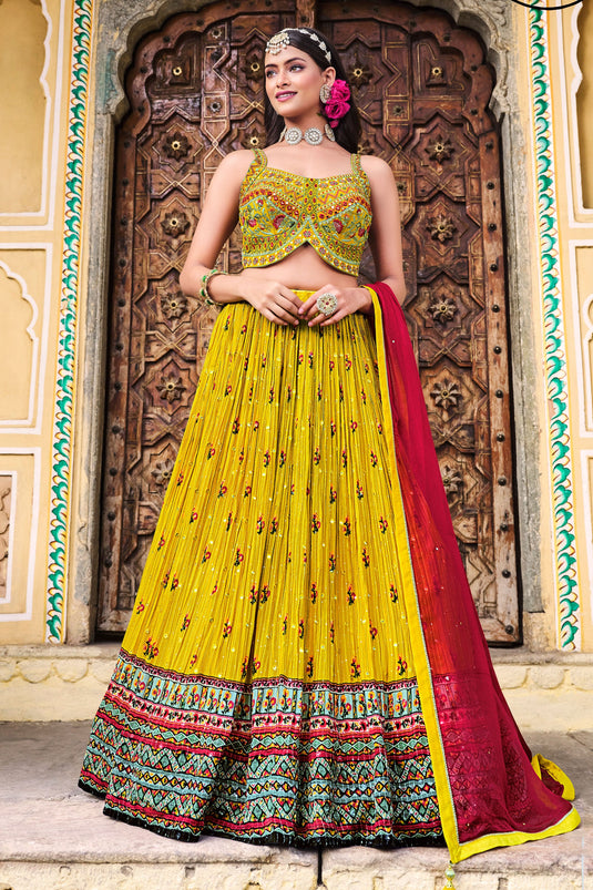 Mustard Embroidery Work Readymade Lehenga Choli