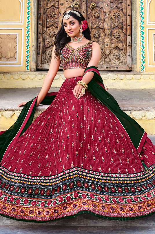 Chinon Maroon Readymade Lehenga Choli