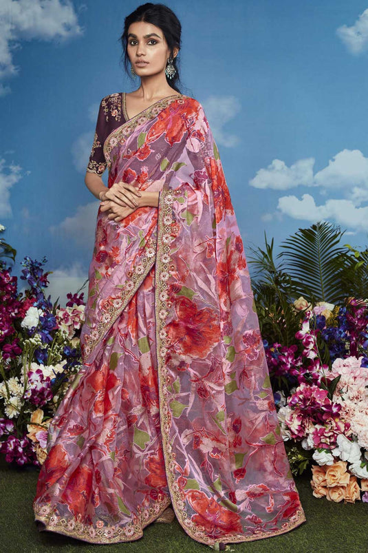 Pink Color Glamorous Brasso Fabric Party Style Saree