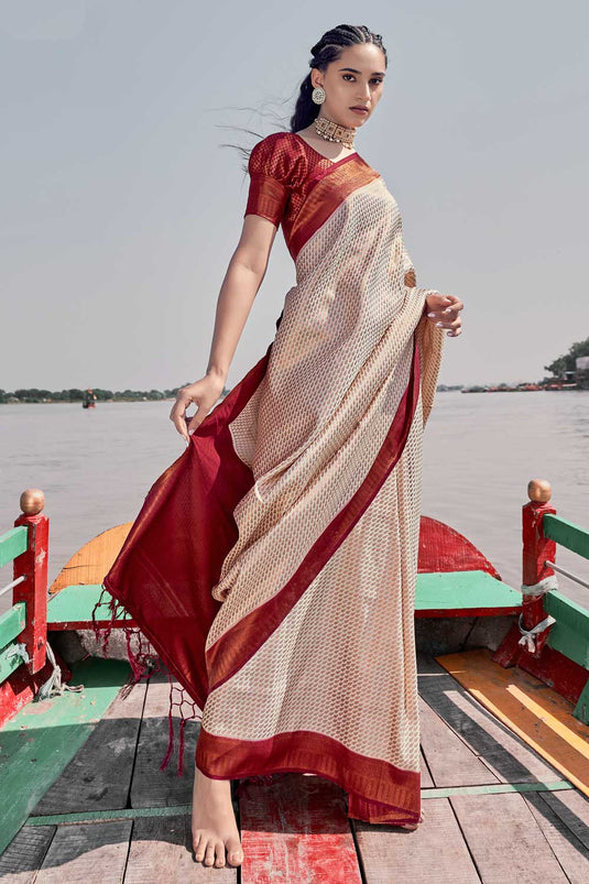 Woven Art Silk Saree in Cream Color