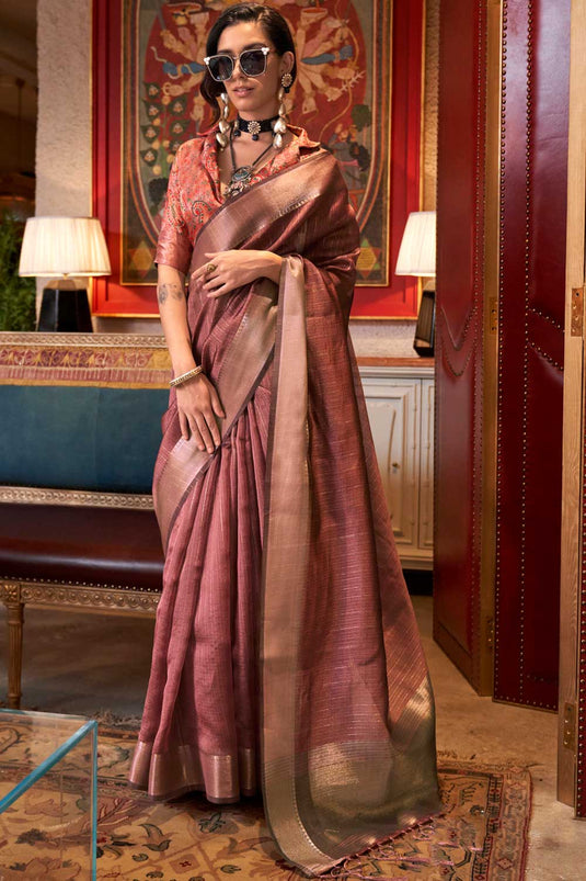 Weaving Work Attractive Chiffon Saree In Peach Color