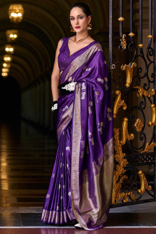 Creative Weaving Design on Satin Silk Fabric Saree in Purple Color