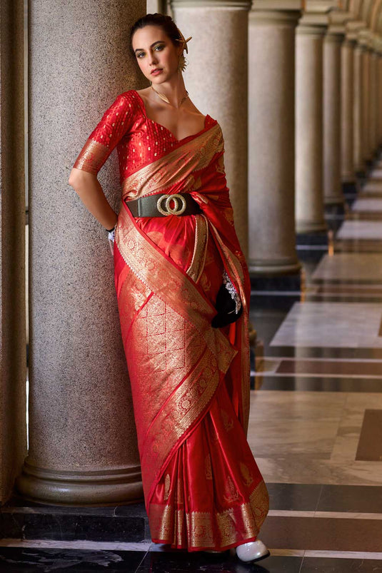 Red Color Satin Silk Saree with Elegant Weaving Designs