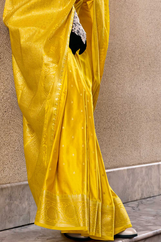 Stylish Yellow Color Weaving Work Soft Satin Silk Fabric Saree