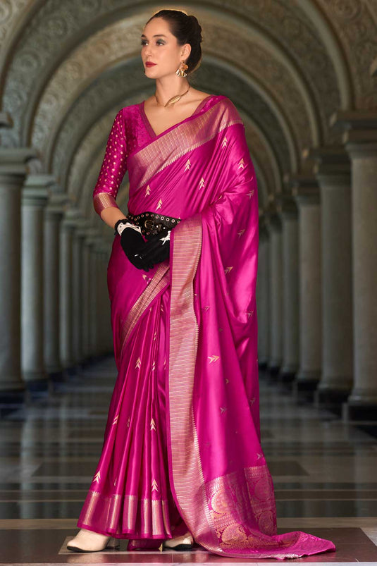 Magenta Color Satin Silk Fabric Saree with Chic Weaving Designs