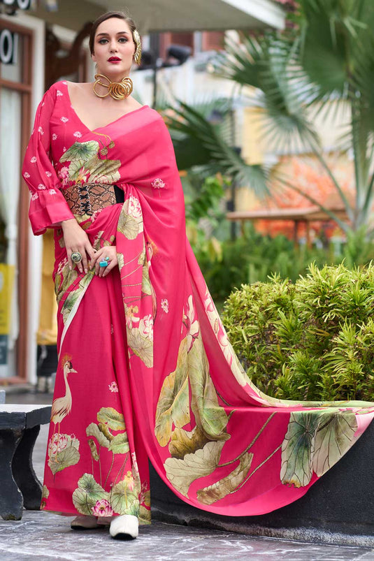 Beatific Floral Printed Saree In Pink Georgette Fabric