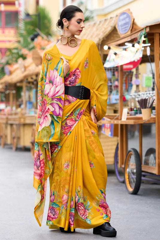 Gorgeous Look Floral Printed Saree In Yellow Georgette Fabric