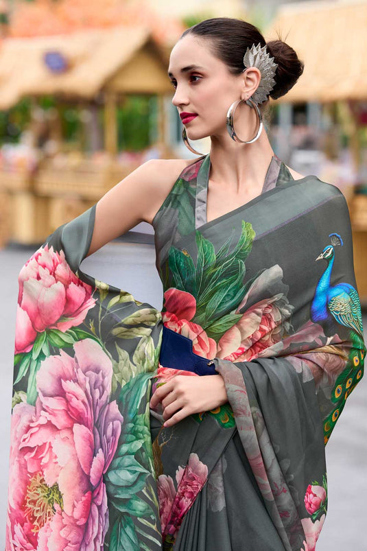 Grey Floral Printed Saree with Ethereal Georgette Fabric