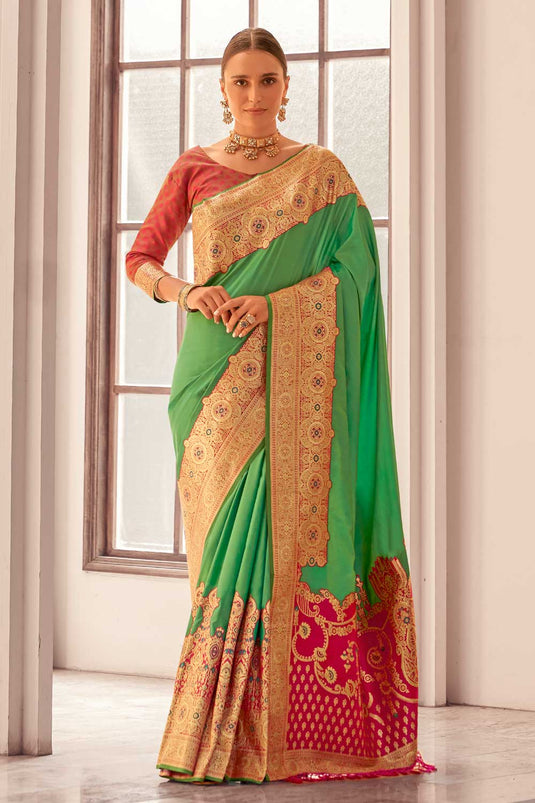 Sea Green Color Riveting Silk Saree With Weaving Work