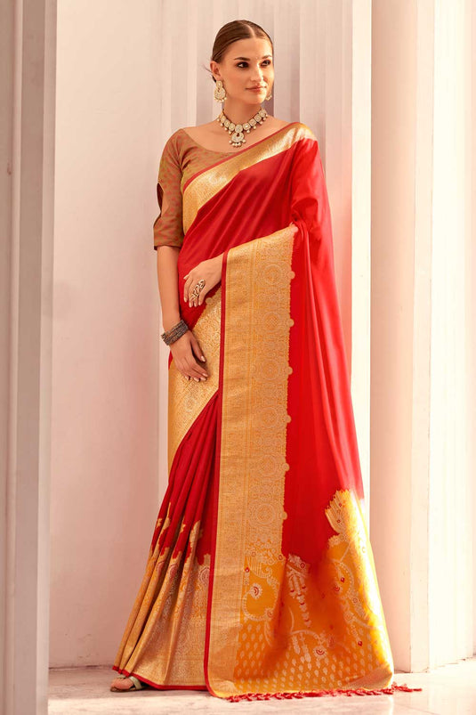 Red Color Excellent Silk Saree With Weaving Work