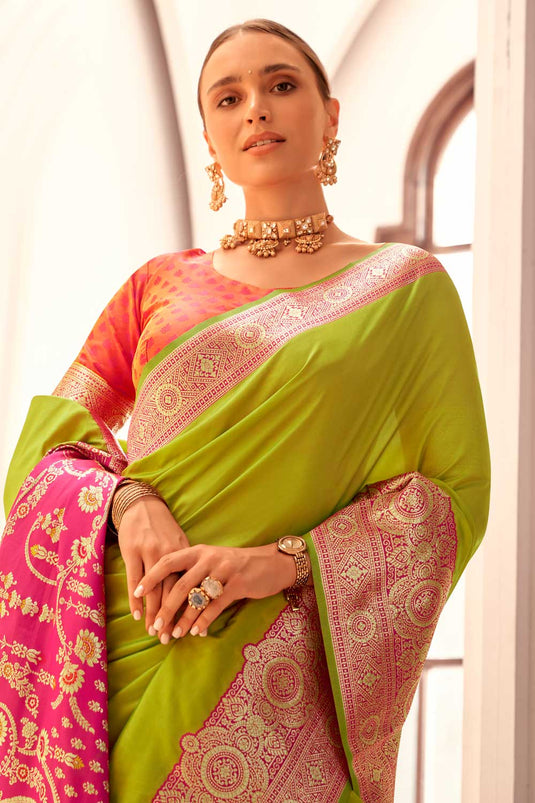 Weaving Work On Green Color Trendy Silk Saree