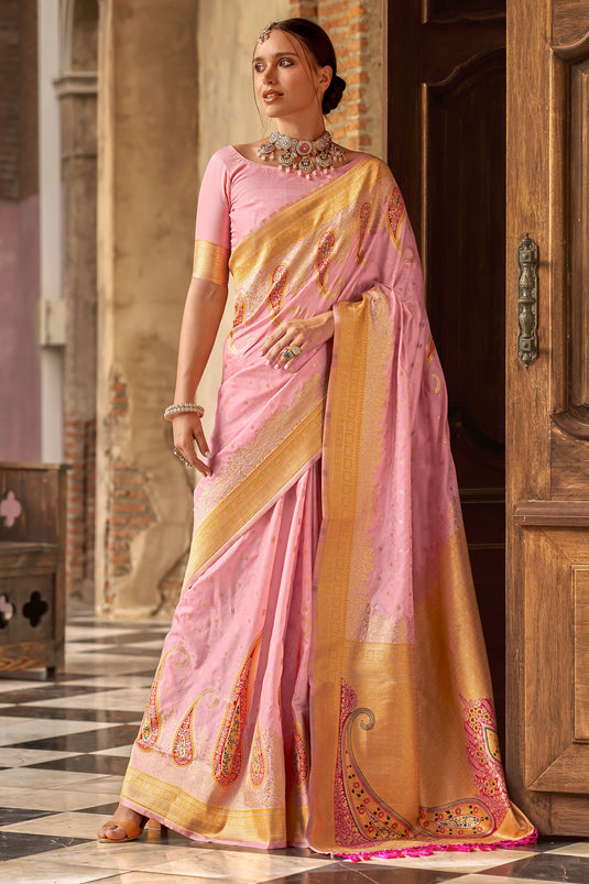 Pink Weaving Work Art Silk Party Wear Saree