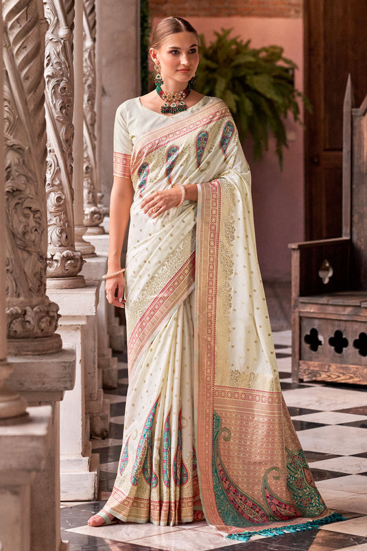 Weaving Work On Off White Art Silk Festive Wear Saree