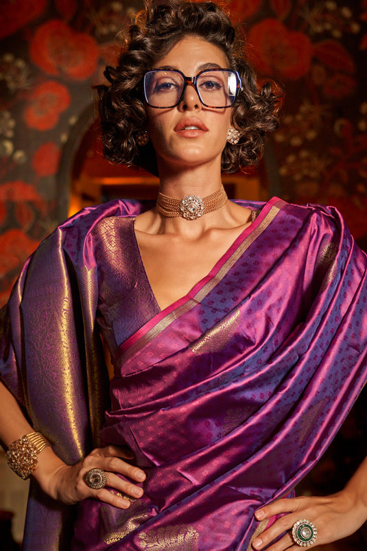 Purple Silk Handloom Weaving Saree