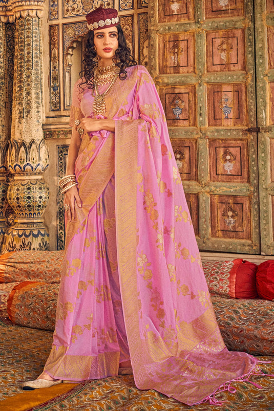 Pink Chinon Georgette Weaving Work Saree With Blouse