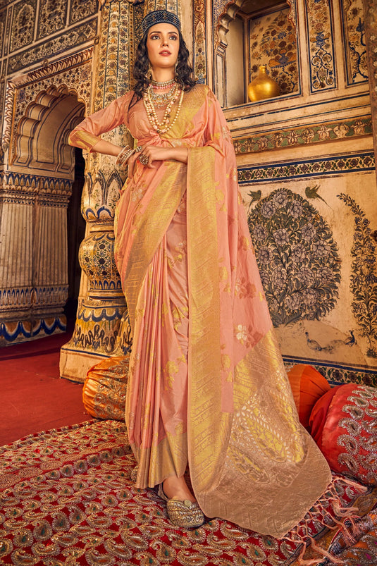 Weaving Work Peach Chinon Georgette Saree With Pretty Blouse