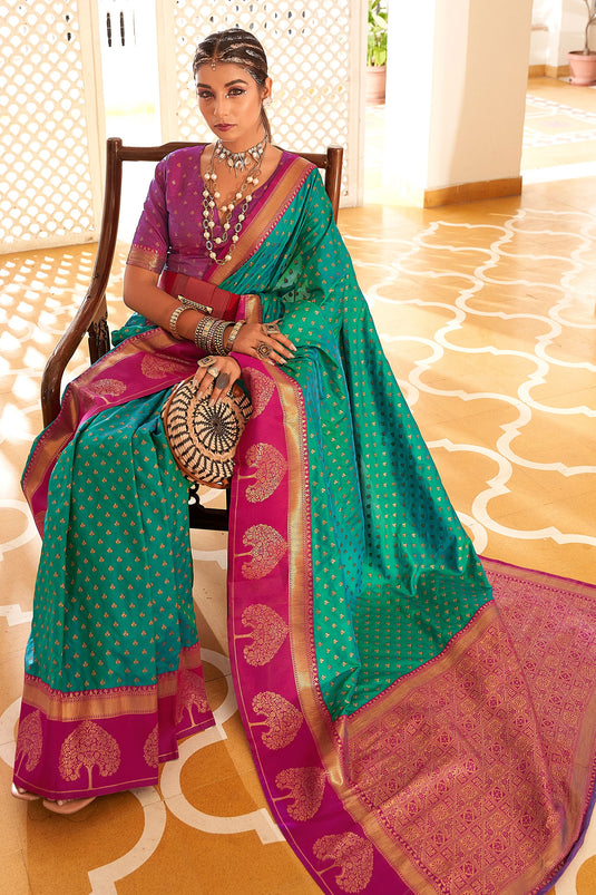 Stunning Sea Green Banarasi Art Silk Festive Saree With Contrast Blouse