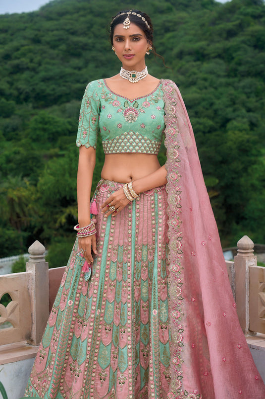 Majestic Silk Bridal Lehenga Choli In Sea Green Color