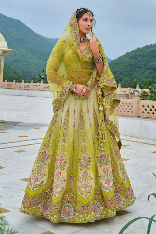 Silk Symphony Bridal Lehenga Choli In Green Color