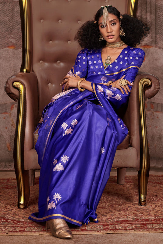 Elegant Blue Pure Satin Silk Saree For Function Wear