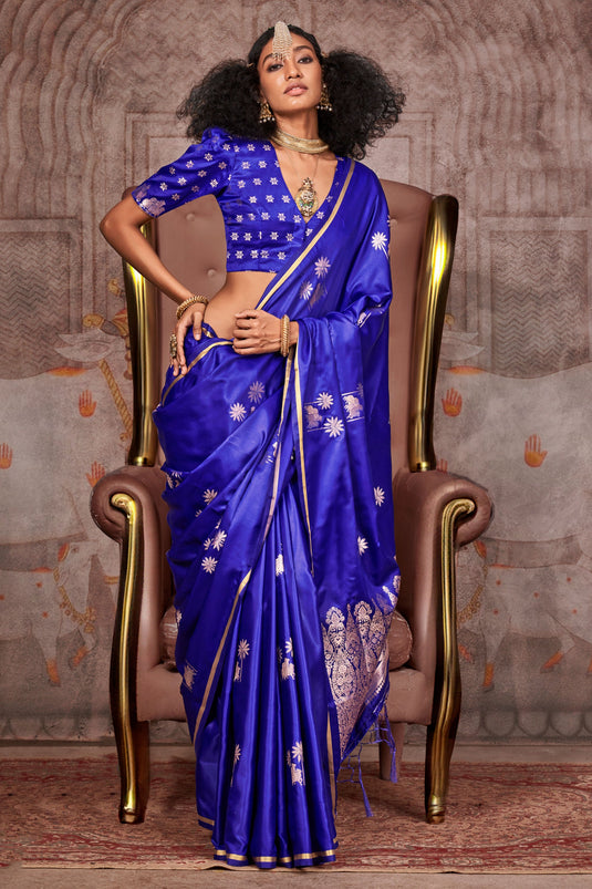 Elegant Blue Pure Satin Silk Saree For Function Wear