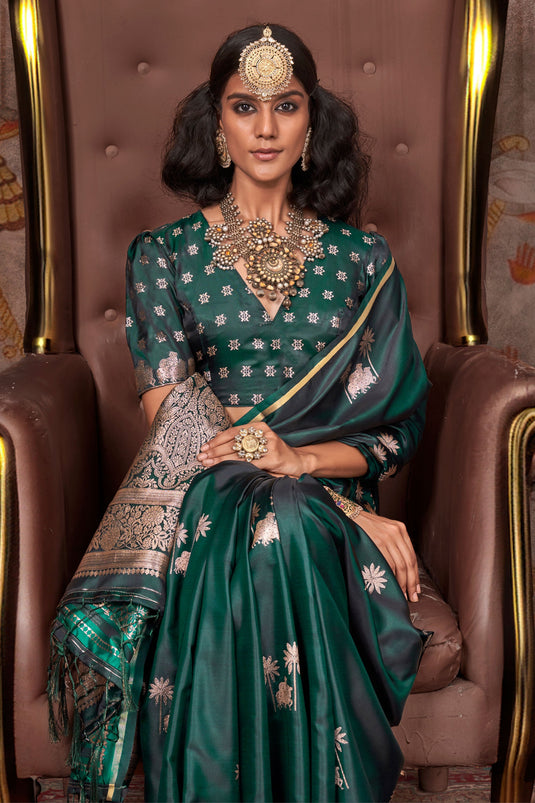 Pure Satin Silk Saree In Dark Green Color