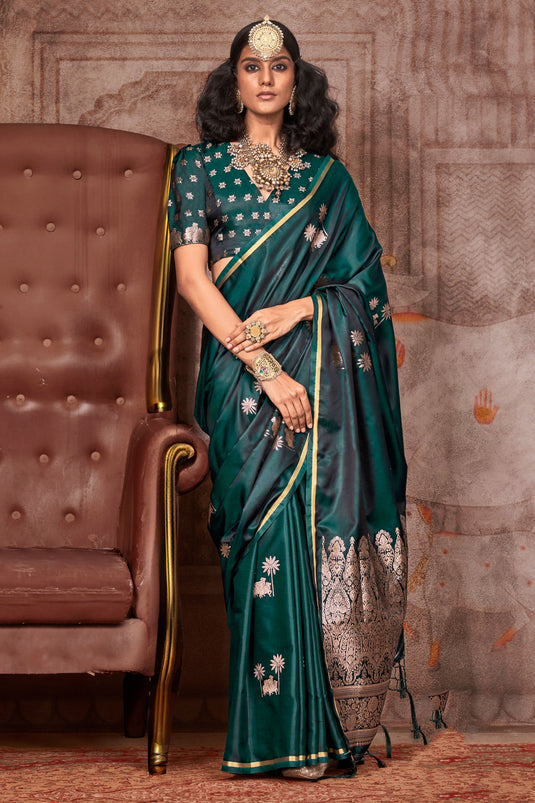 Pure Satin Silk Saree In Dark Green Color