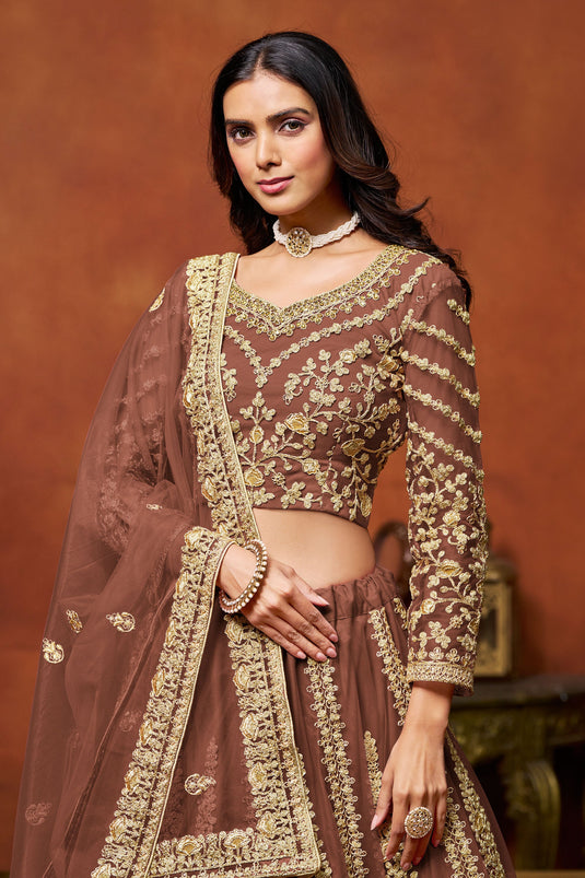 Brown Wedding Net Lehenga Choli