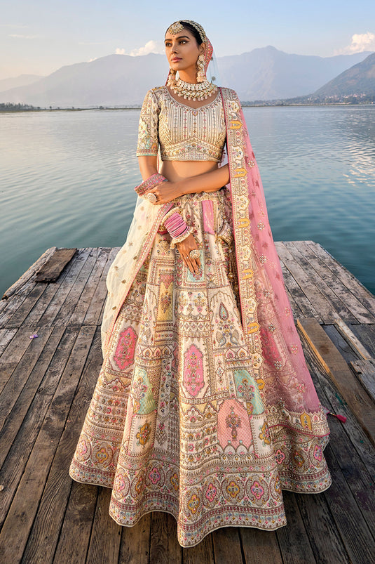 Regal Beige Silk Bridal Lehenga Choli With Embroidered Double Dupatta