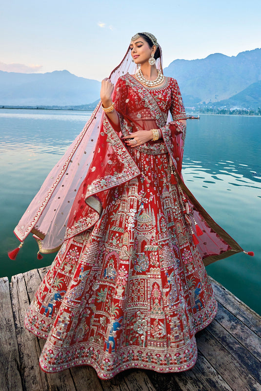 Mystic Red Pure Silk Embroidered Semi Stitched Lehenga Choli