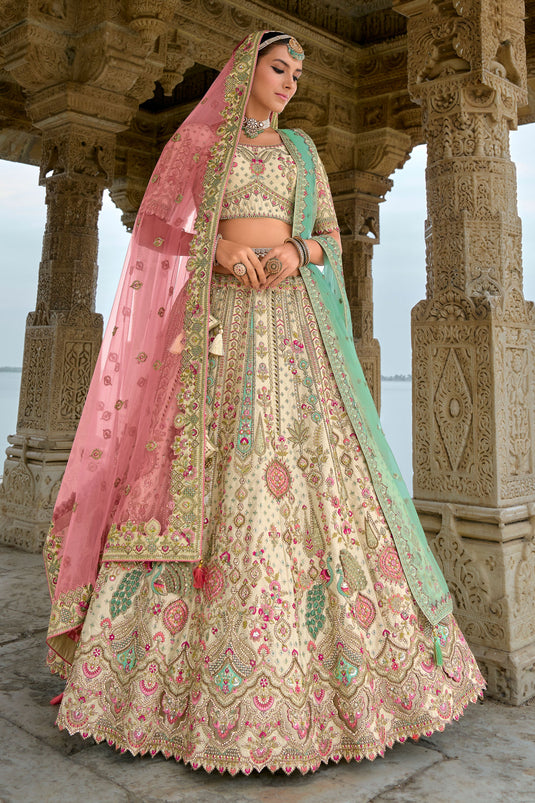 Grace Beige Silk Bridal Lehenga Choli With Double Dupatta