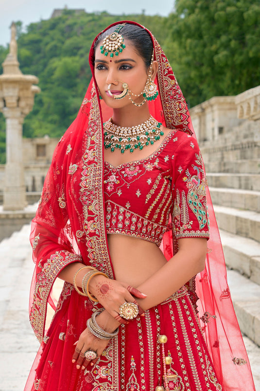 Ruby Red Pure Silk Heavy Embroidered Bridal Lehenga Choli With Double Dupatta