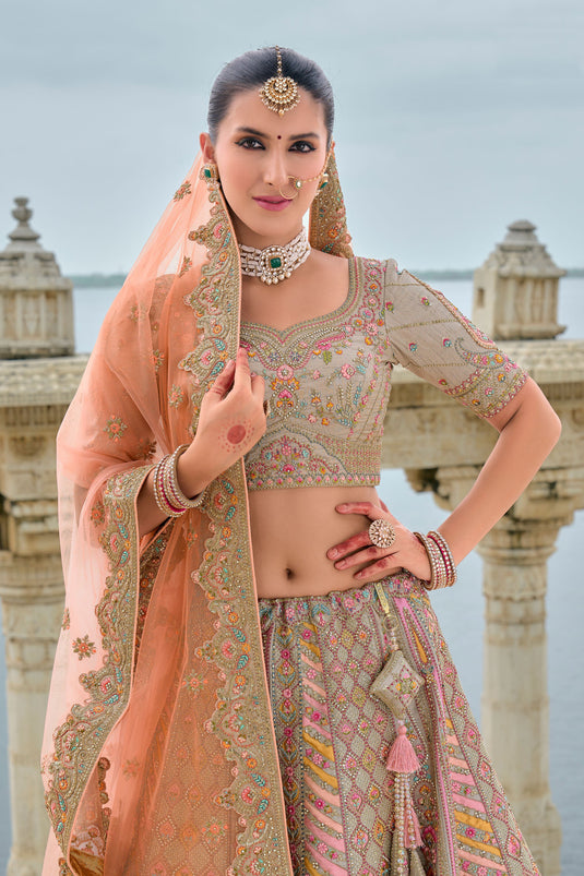 Emerald Dark Beige Pure Silk Bridal Lehenga Choli With Double Dupatta