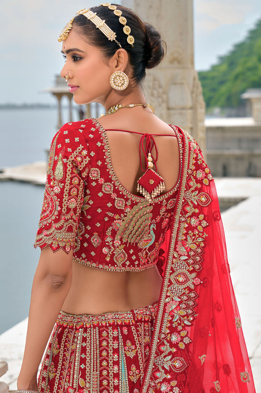 Red Pure Silk Heavy Embroidered Bridal Lehenga Choli With Double Dupatta