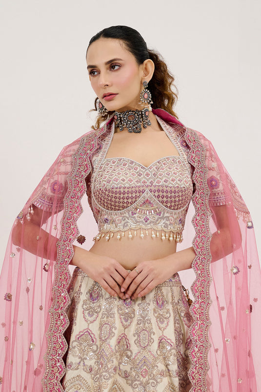 Blossom Beige Silk Embroidered Readymade Lehenga Choli