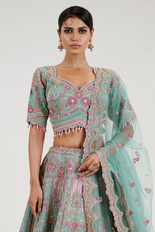 Allure Cyan Organza Embroidered Wedding Readymade Lehenga Choli