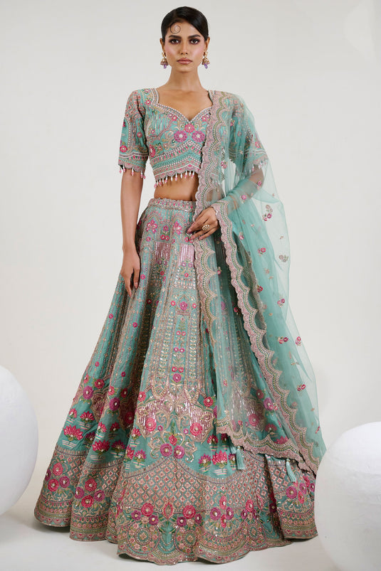 Allure Cyan Organza Embroidered Wedding Readymade Lehenga Choli