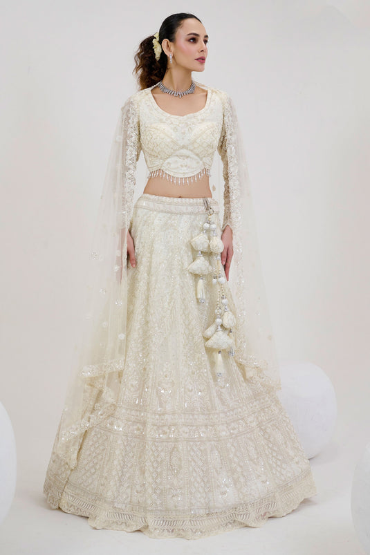 Ruby Off White Pure Net Heavy Embroidered Bridal Readymade Lehenga Choli