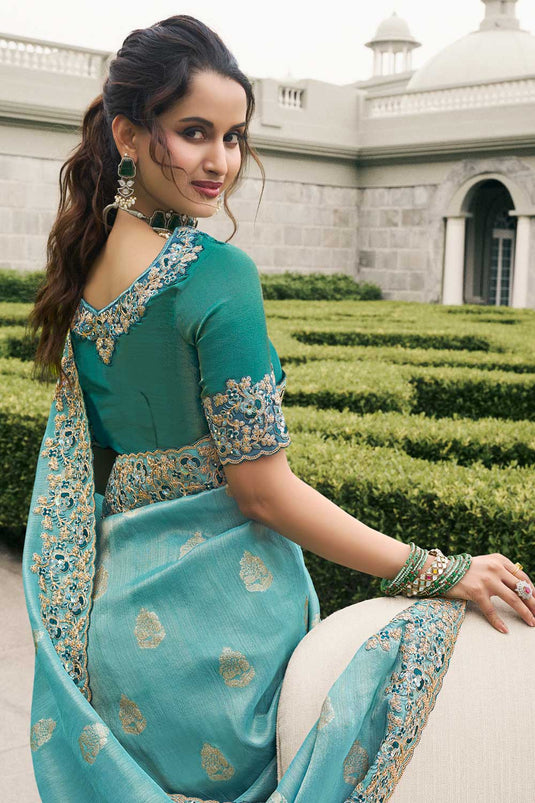 Cyan Color Wedding Wear Tissue Silk Charismatic Saree