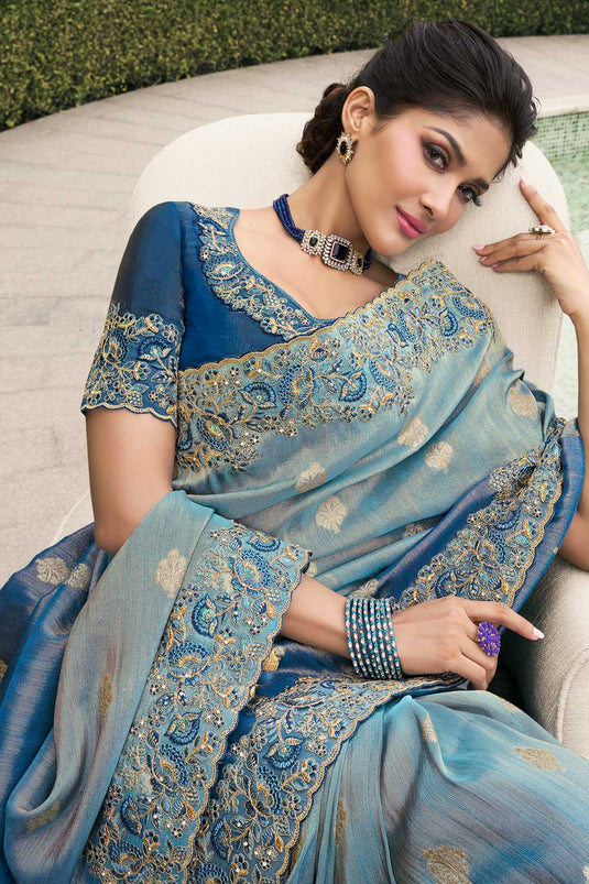 Blue Color Tissue Silk Wedding Wear Luminous Saree