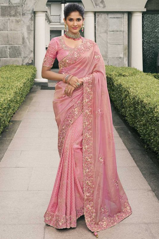 Tissue Silk Wedding Wear Attractive Saree In Pink Color