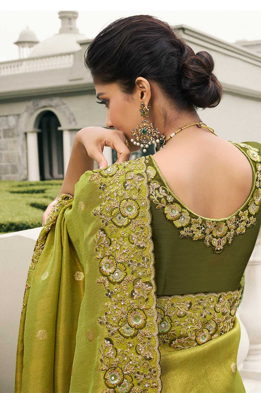 Wedding Wear Tissue Silk Green Color Supreme Saree