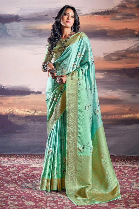 Satin Silk Cyan Festive Wear Flower Print Saree