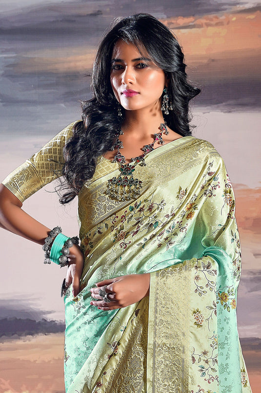 Satin Silk Festive Wear Flower Print Light Cyan Saree