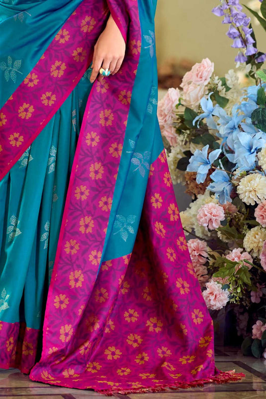 Cyan Color Gorgeous Banarsi Style Silk Saree