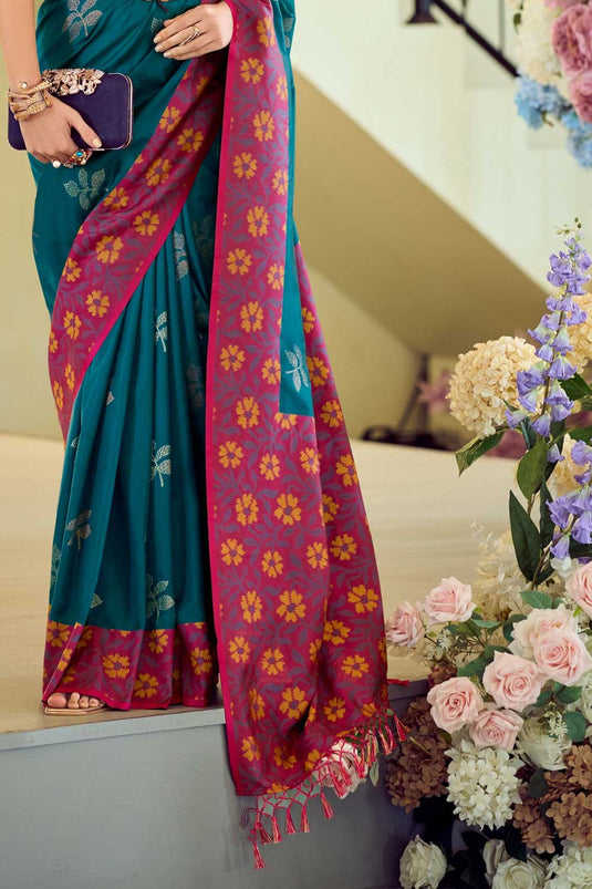 Imposing Banarsi Style Silk Saree In Teal Color