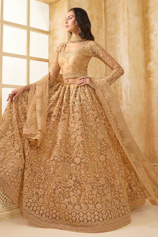 Brown Embroidered Net Lehenga Choli