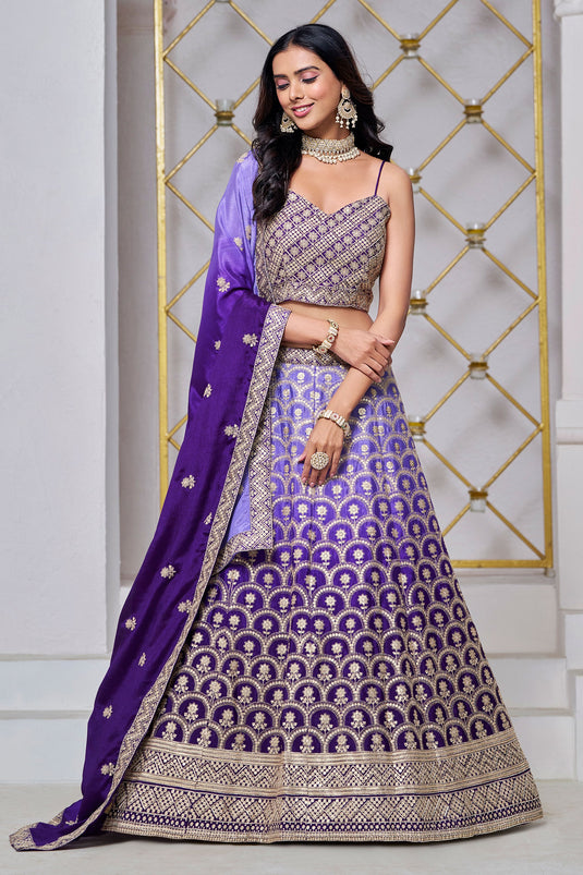 Elegance Dark Purple Chinon Sangeet Wear Lehenga Choli