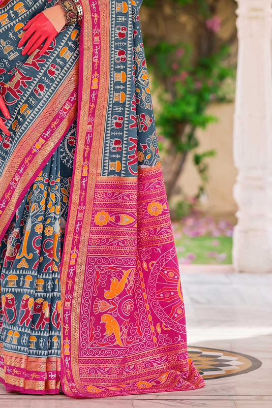 Grey Color Glamorous Art Silk Printed Saree